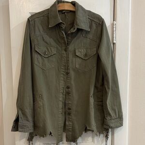 Free People Olive Green Distressed Button-Up Jacket